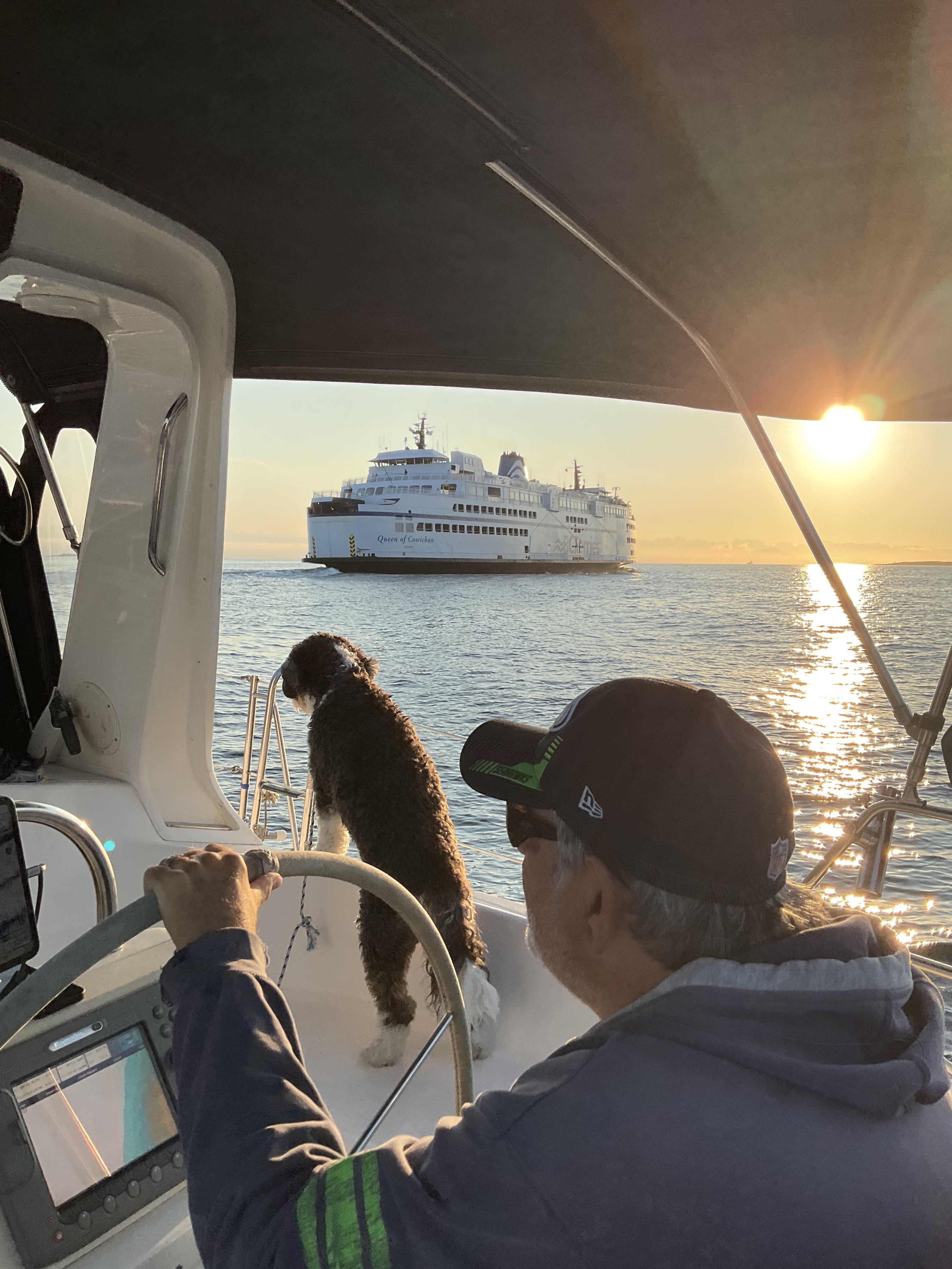Oceanus underway near a BC ferry at sunset with Shadow watching from the cockpit