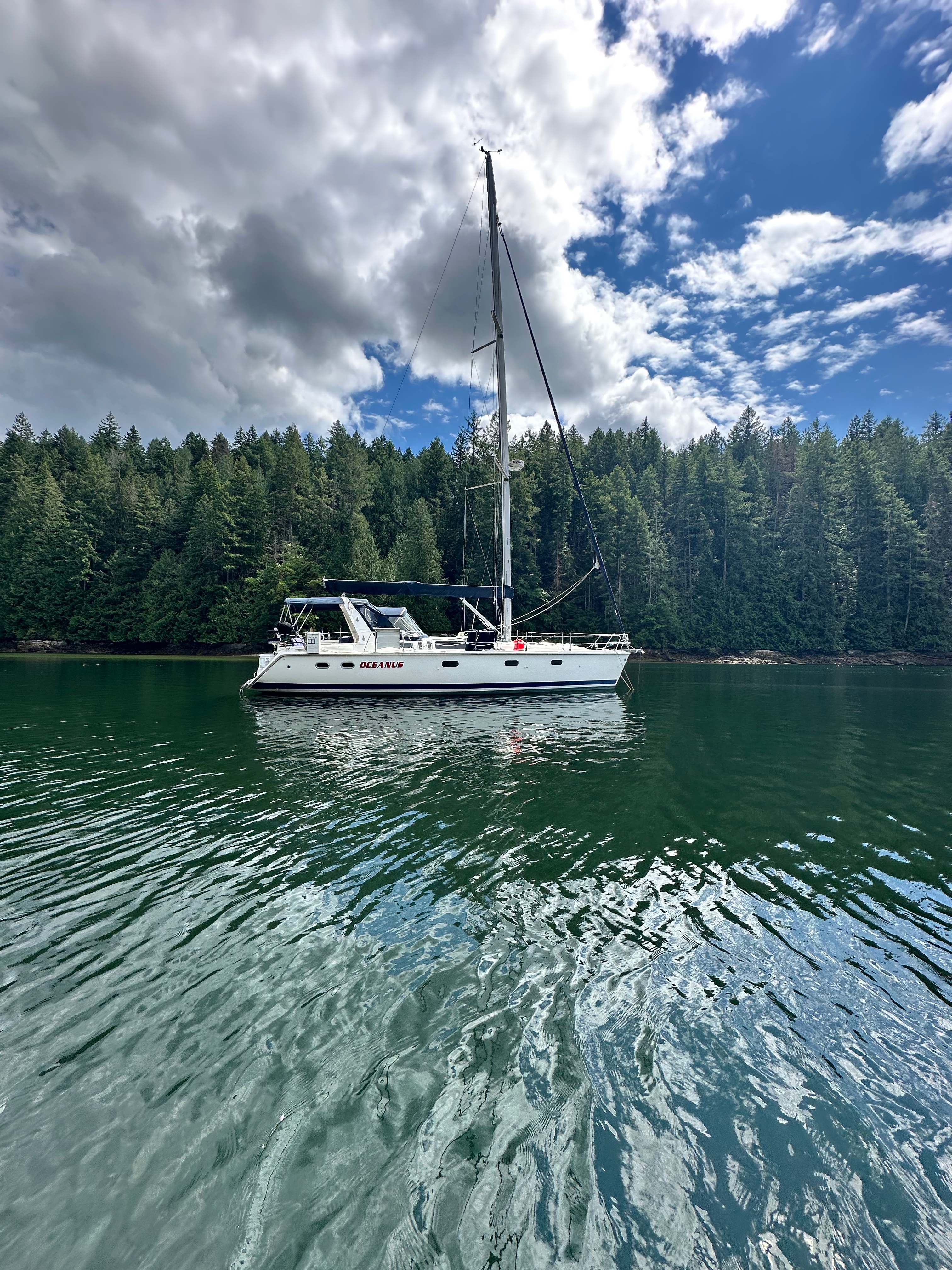Close view of Oceanus at anchor in Melanie Cove