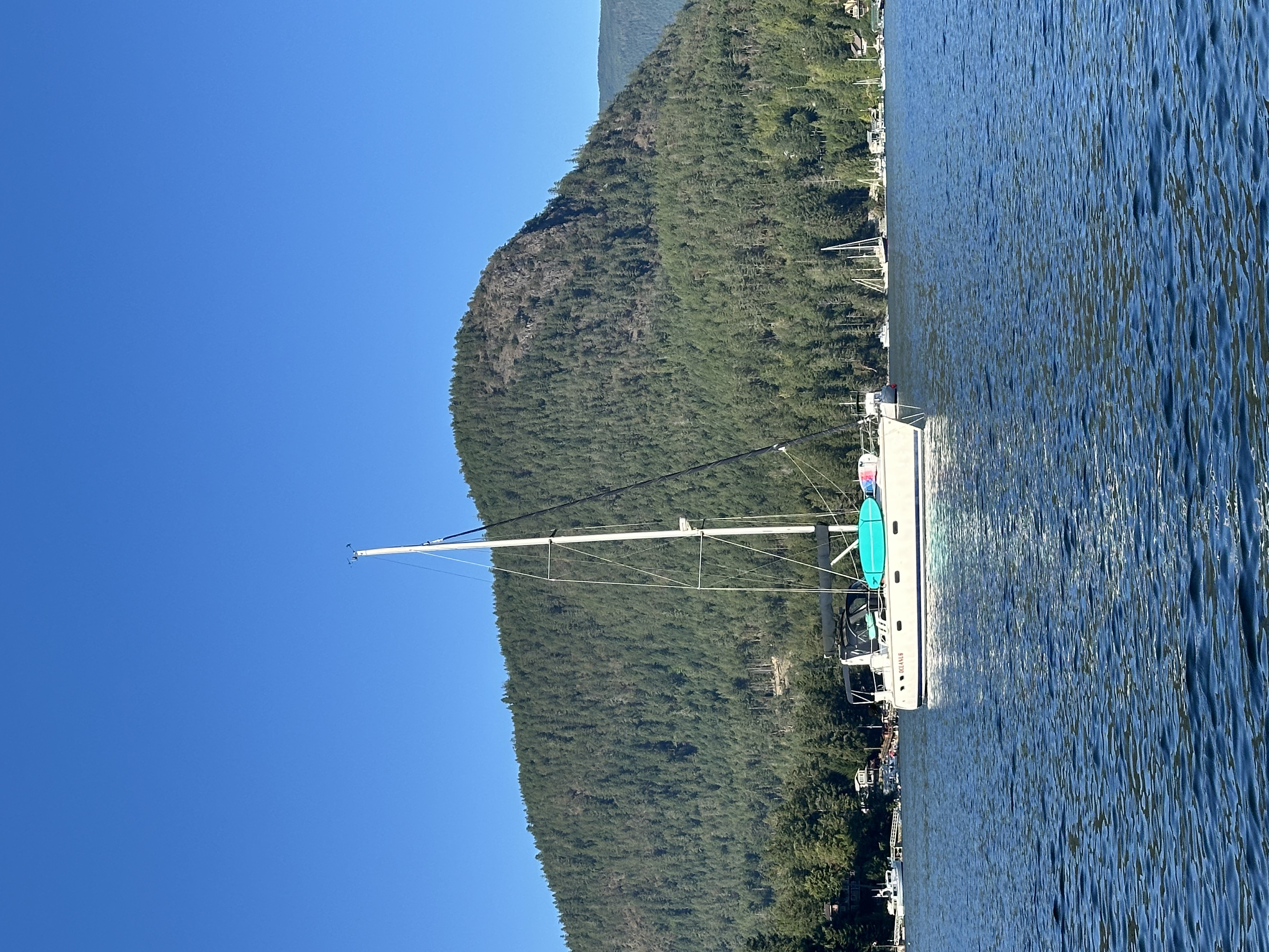 Bow view of Oceanus anchored in Pender Harbour